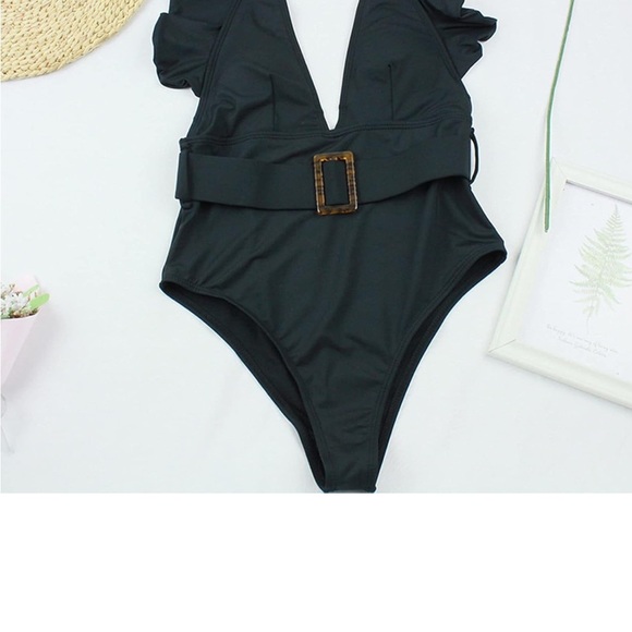 Black Plunge One Piece Swimsuit with Belt - Picture 4 of 9